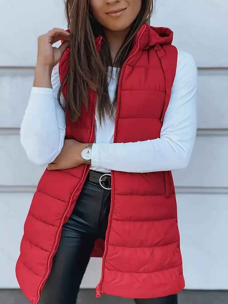 Solid Color Hooded Quilted Cotton Vest Coat with Zipper