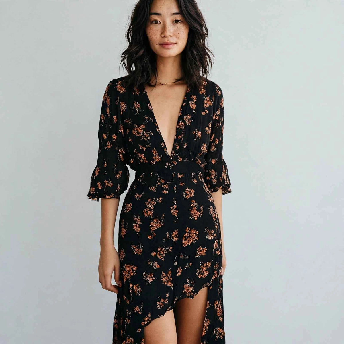Floral Denim Patchwork Midi Dress - Women's Casual Style