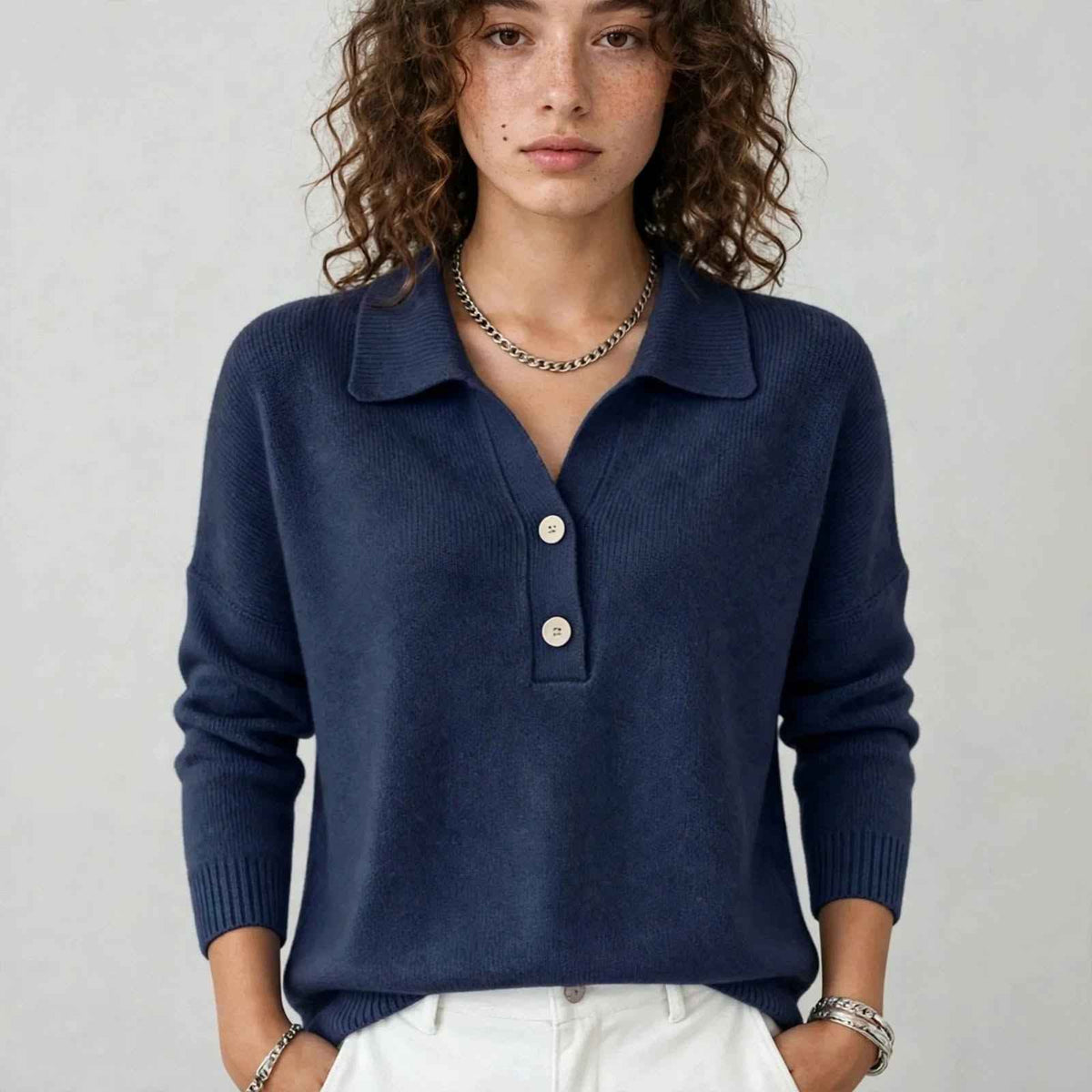 Women's Knit Polo Sweater | V-Neck Long Sleeve Autumn Winter Style