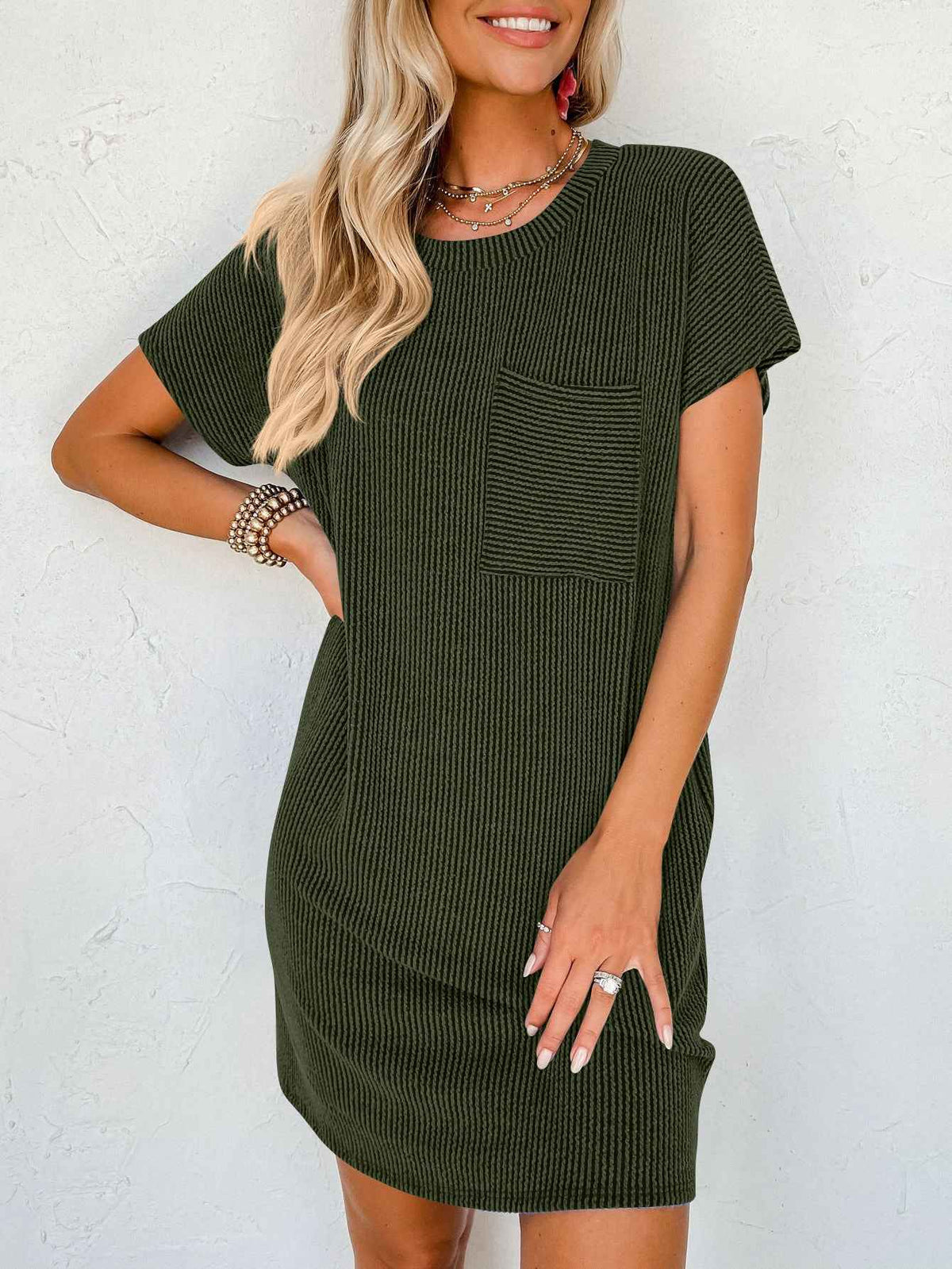 Striped Pocket Dress Women Short Sleeve Casual Blouse