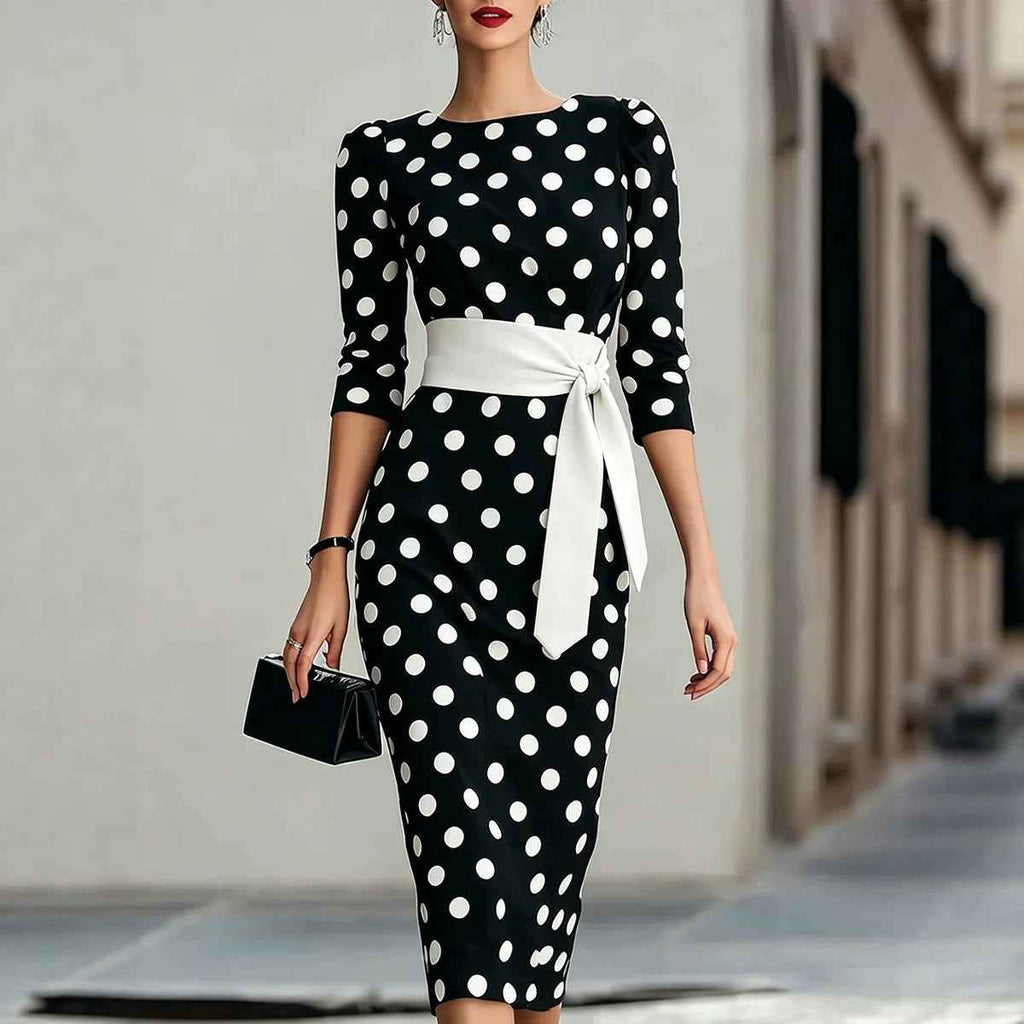 Elegant Polka Dot Midi Dress with Waist Belt - Formal & Office Wear