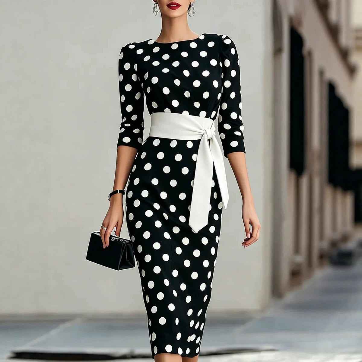 Elegant Polka Dot Midi Dress with Waist Belt - Formal & Office Wear