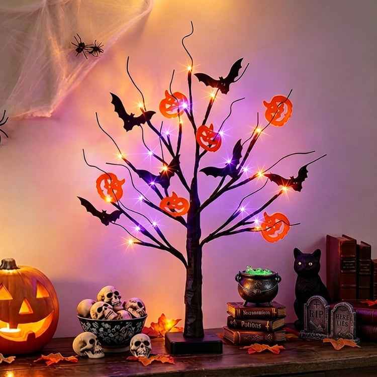 22" LED Black Tree: Orange & Purple Lights, Bats, Pumpkins, Battery Powered