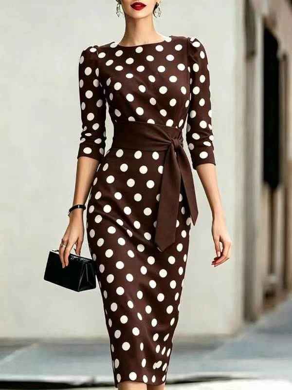 Elegant Polka Dot Midi Dress with Waist Belt - Formal & Office Wear