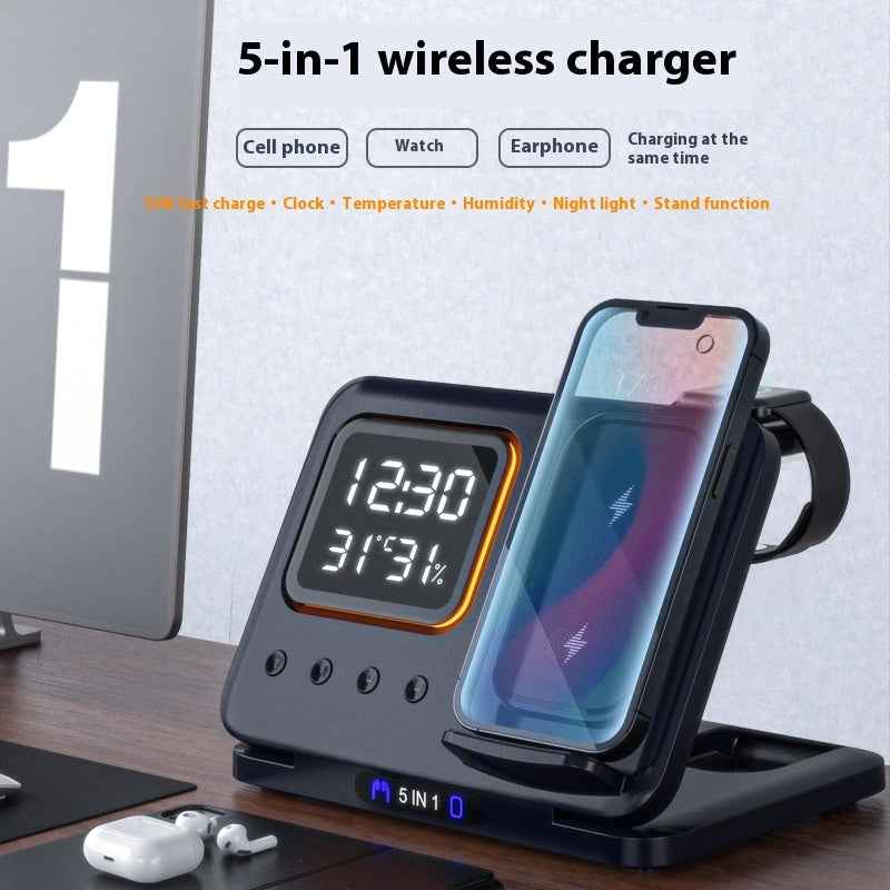 15W Wireless Charging Stand 5-in-1 Alarm Clock: Multi-Device Fast Charger