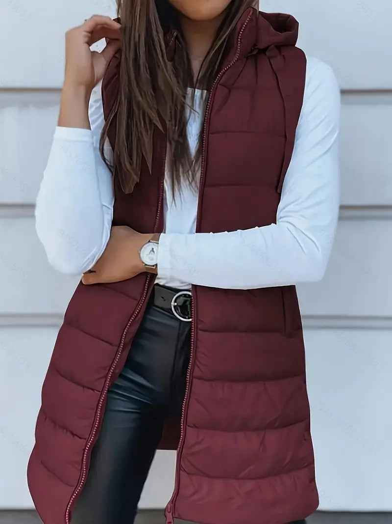 Solid Color Hooded Quilted Cotton Vest Coat with Zipper