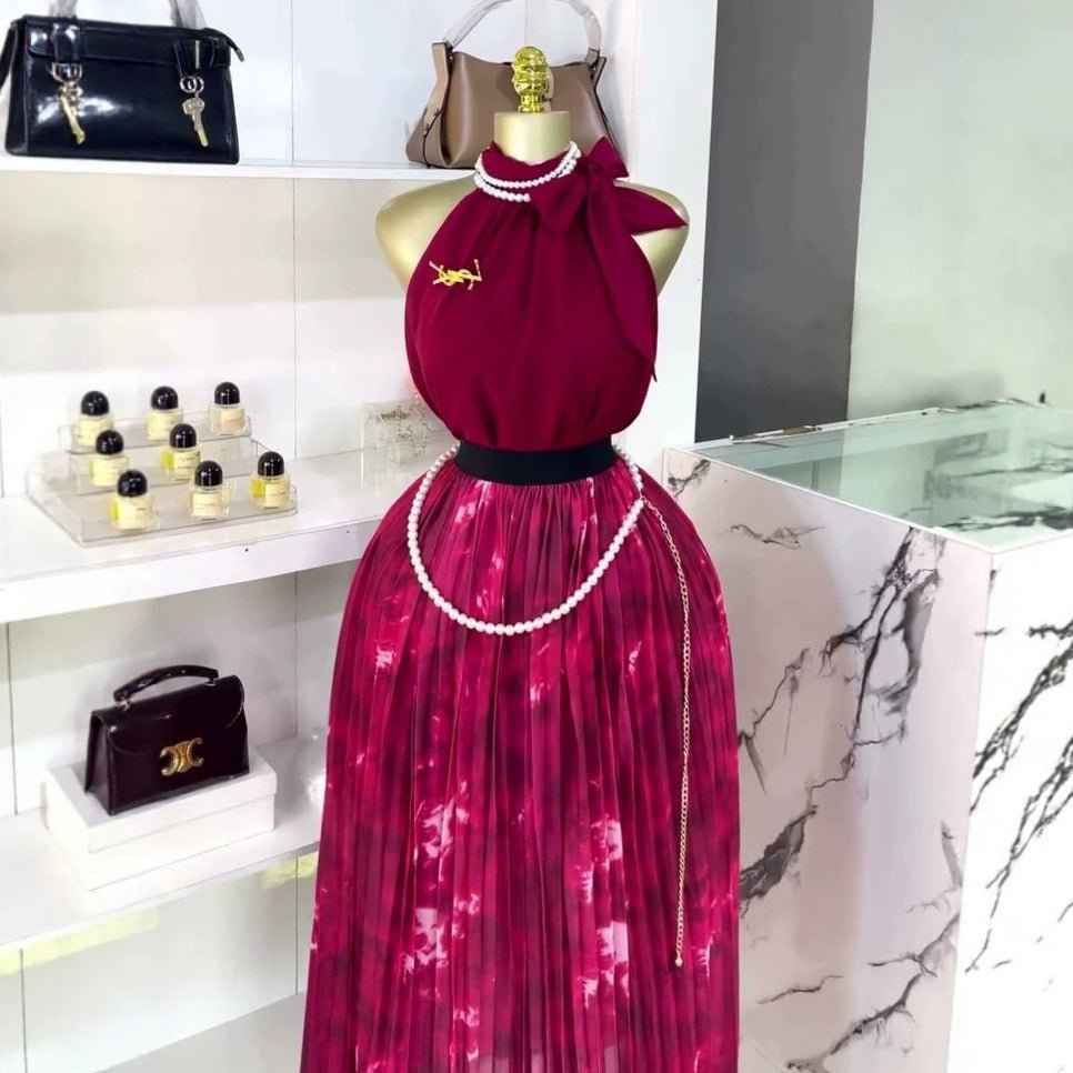 Chic Lace-Up Halterneck Top & Pleated Midi Skirt Set
