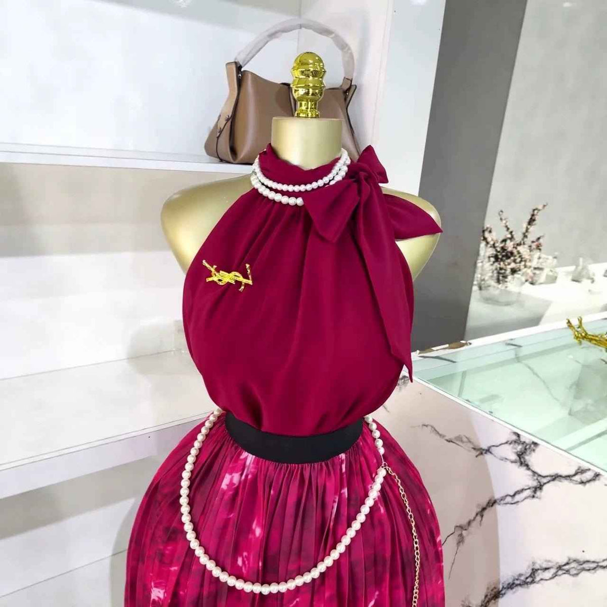 Chic Lace-Up Halterneck Top & Pleated Midi Skirt Set