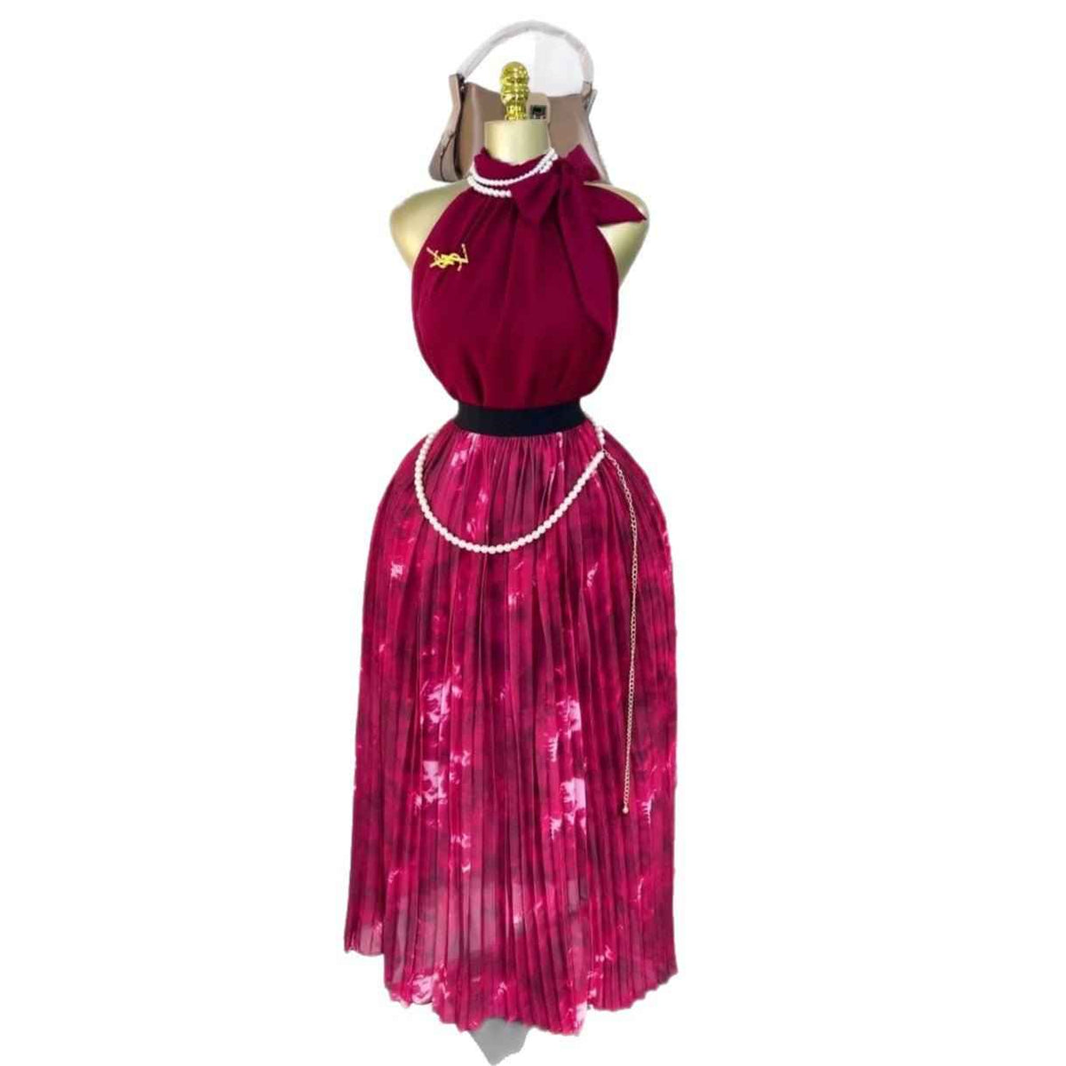 Chic Lace-Up Halterneck Top & Pleated Midi Skirt Set