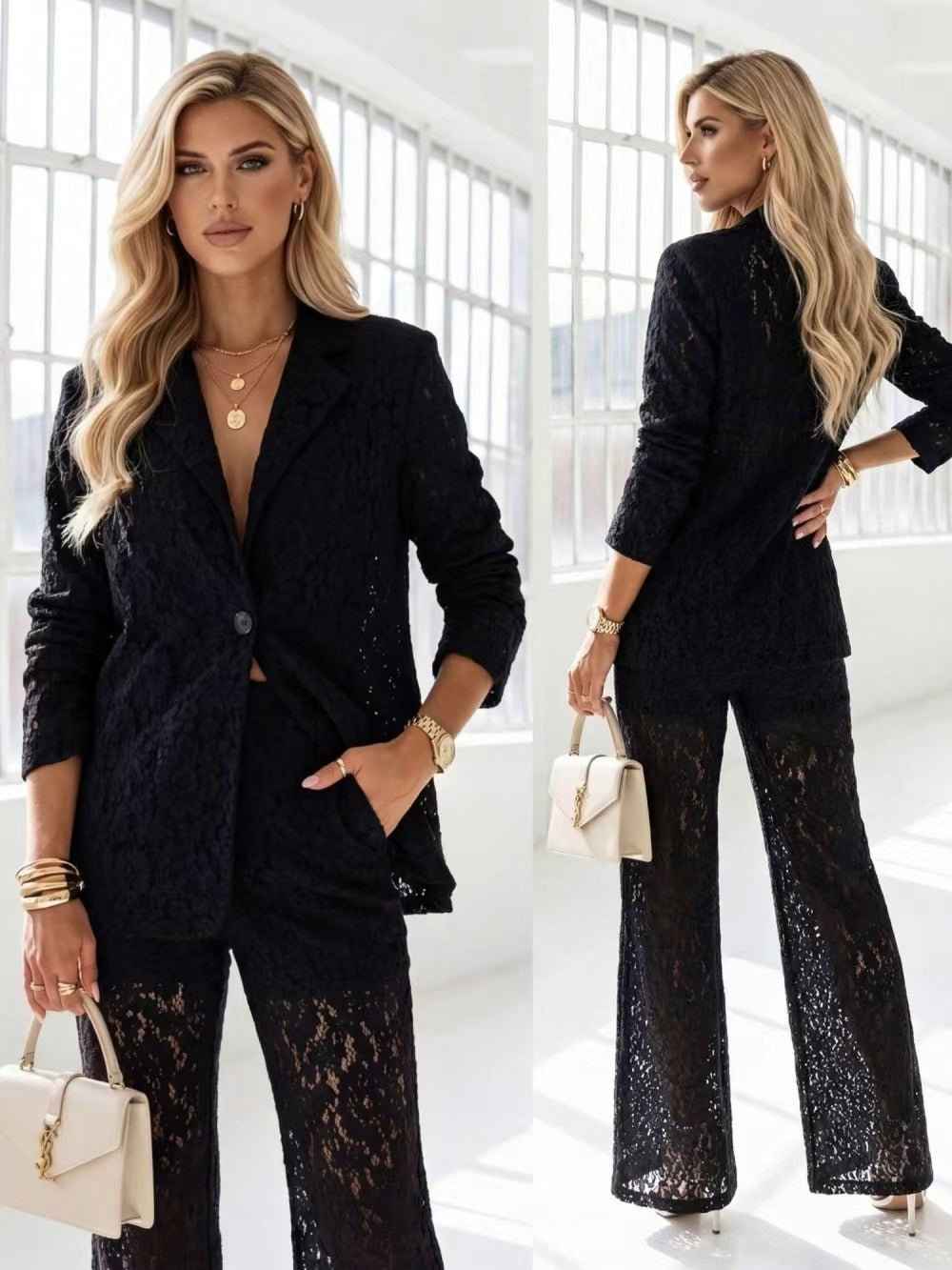 Elegant Solid Color Western Lace Blouse for Women - Long Sleeve