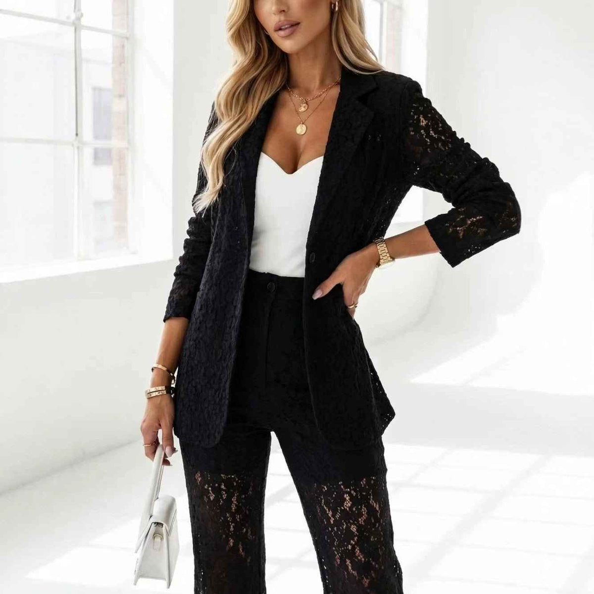Elegant Solid Color Western Lace Blouse for Women - Long Sleeve