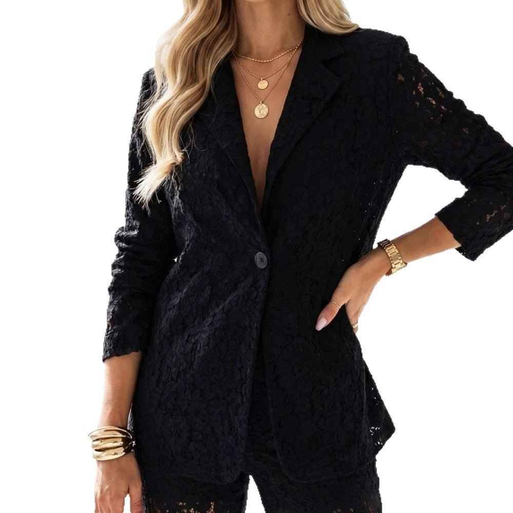Elegant Solid Color Western Lace Blouse for Women - Long Sleeve