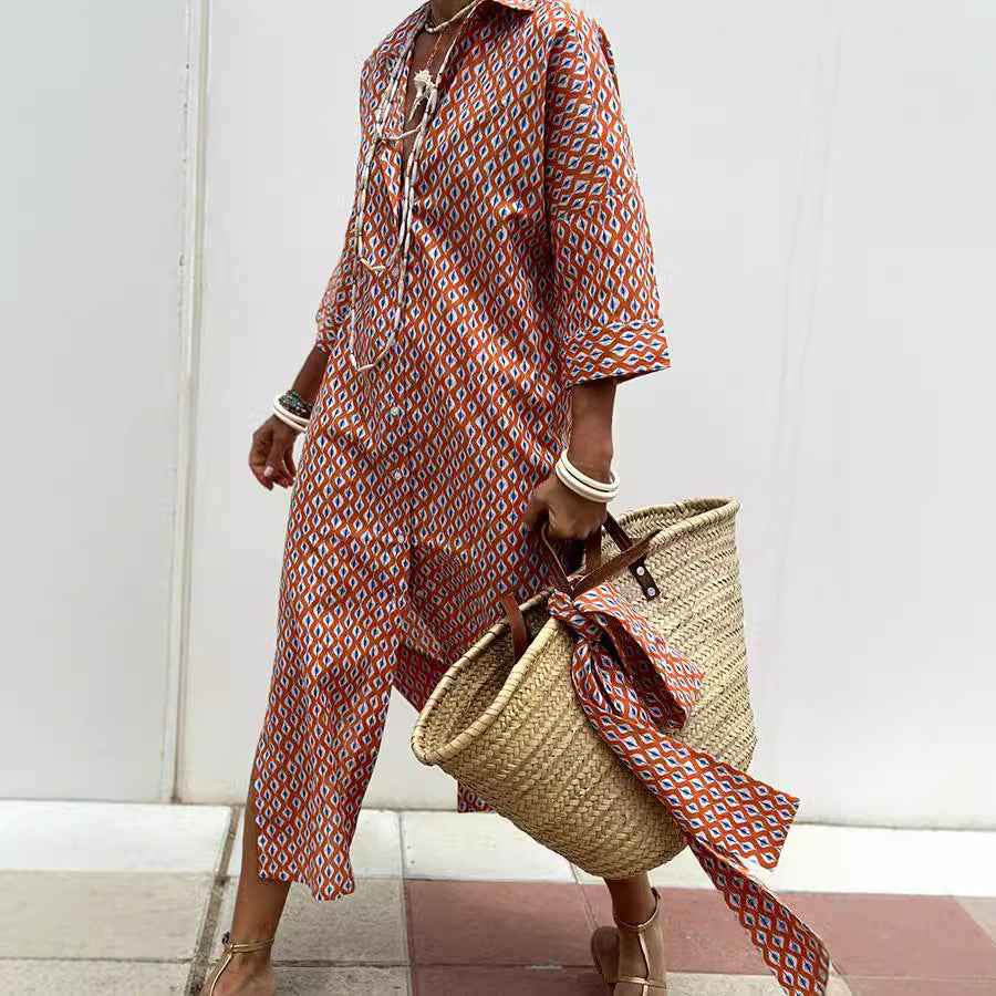 Orange Striped Shirt Dress with Waist Belt & Lapel Collar