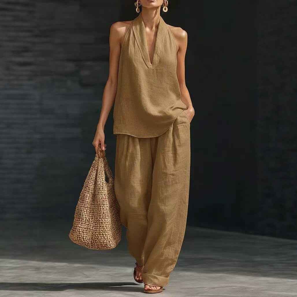 Women's Summer Fashion V-Neck Tank Top & Wide-leg Pants Set