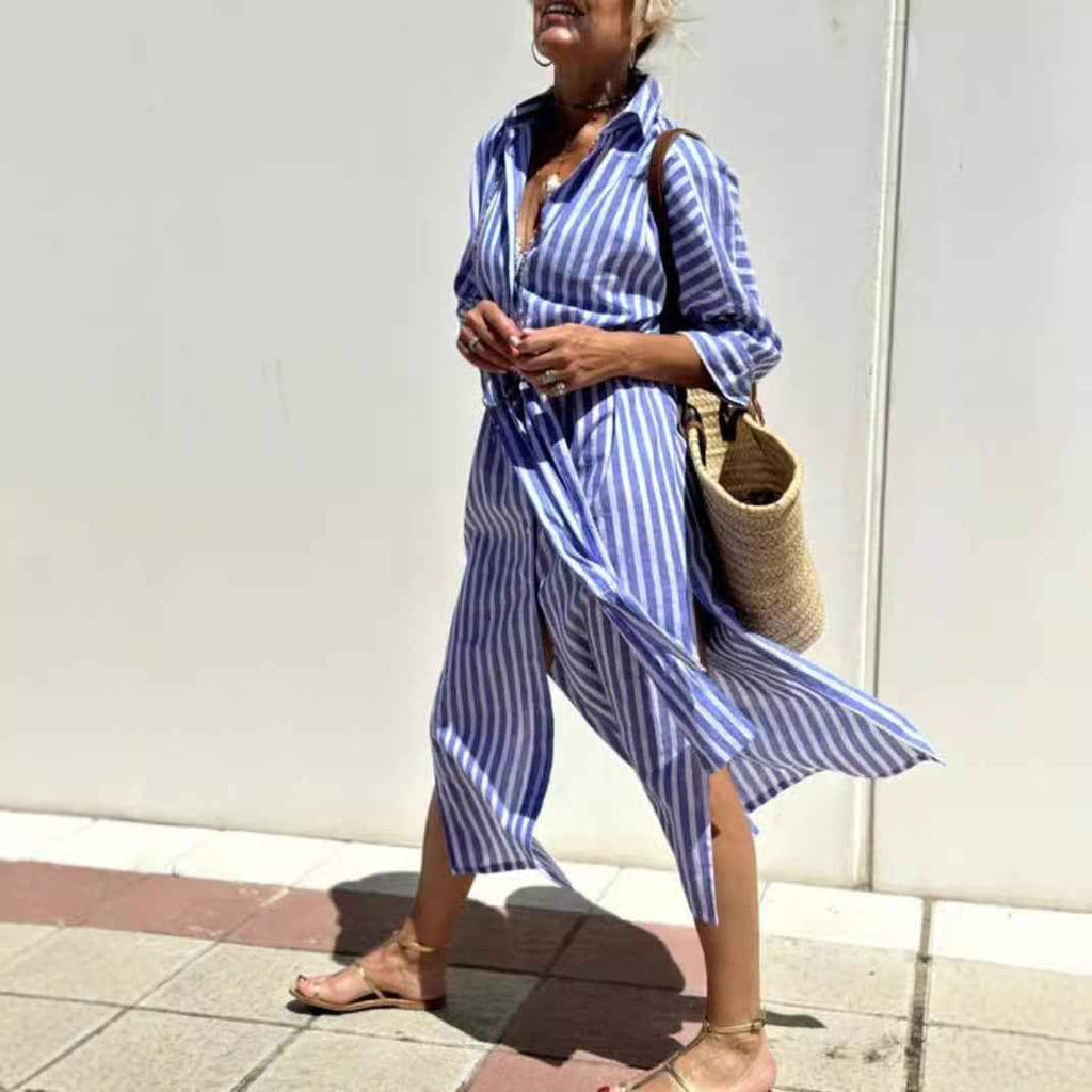 Orange Striped Shirt Dress with Waist Belt & Lapel Collar