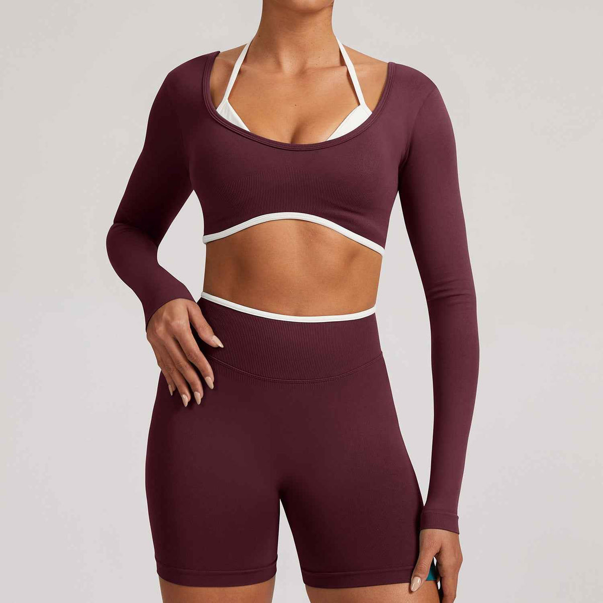 Cross-border Tight-fitting Seamless Faux Two-piece Long-sleeve Sports Top