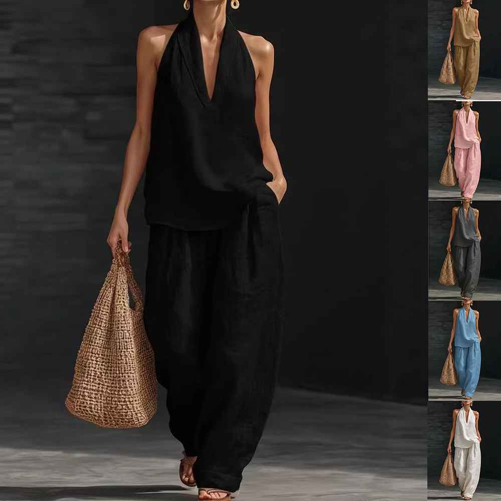 Women's Summer Fashion V-Neck Tank Top & Wide-leg Pants Set