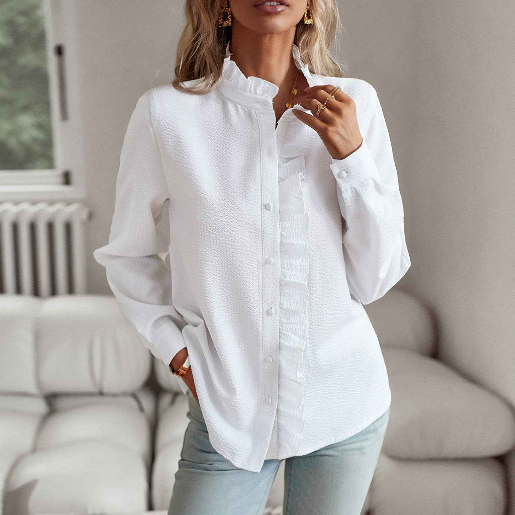 Striped Long Sleeve Button-Up Blouse with Ruffle Detail, Casual Office Shirt for Women