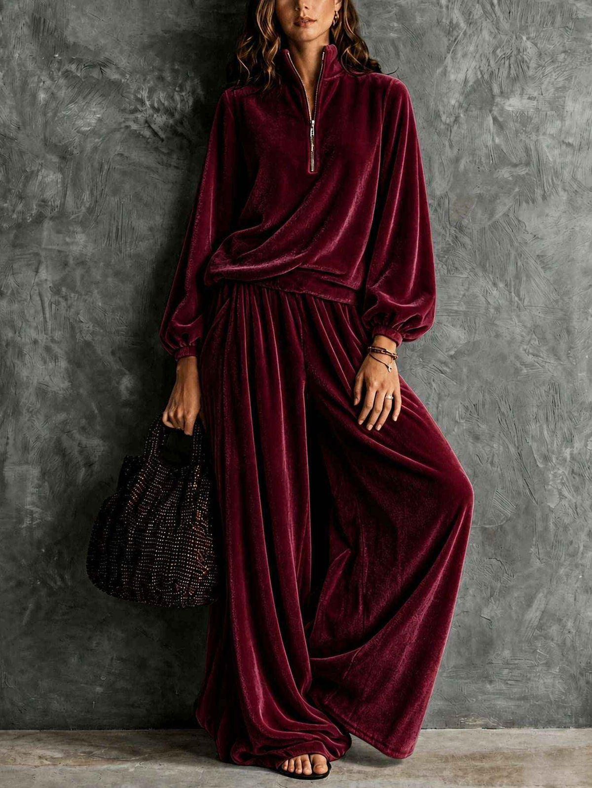 Elegant Velvet Long-Sleeved Pants & Top Set for Women - Autumn Winter Fashion