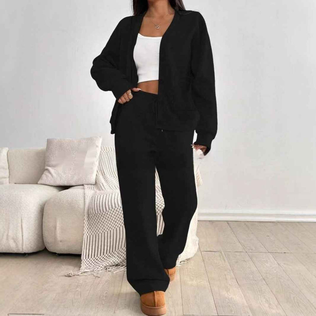 Women's Solid Color Cardigan & Wide Leg Pants Set - Effortless Chic Summer Casual Suit