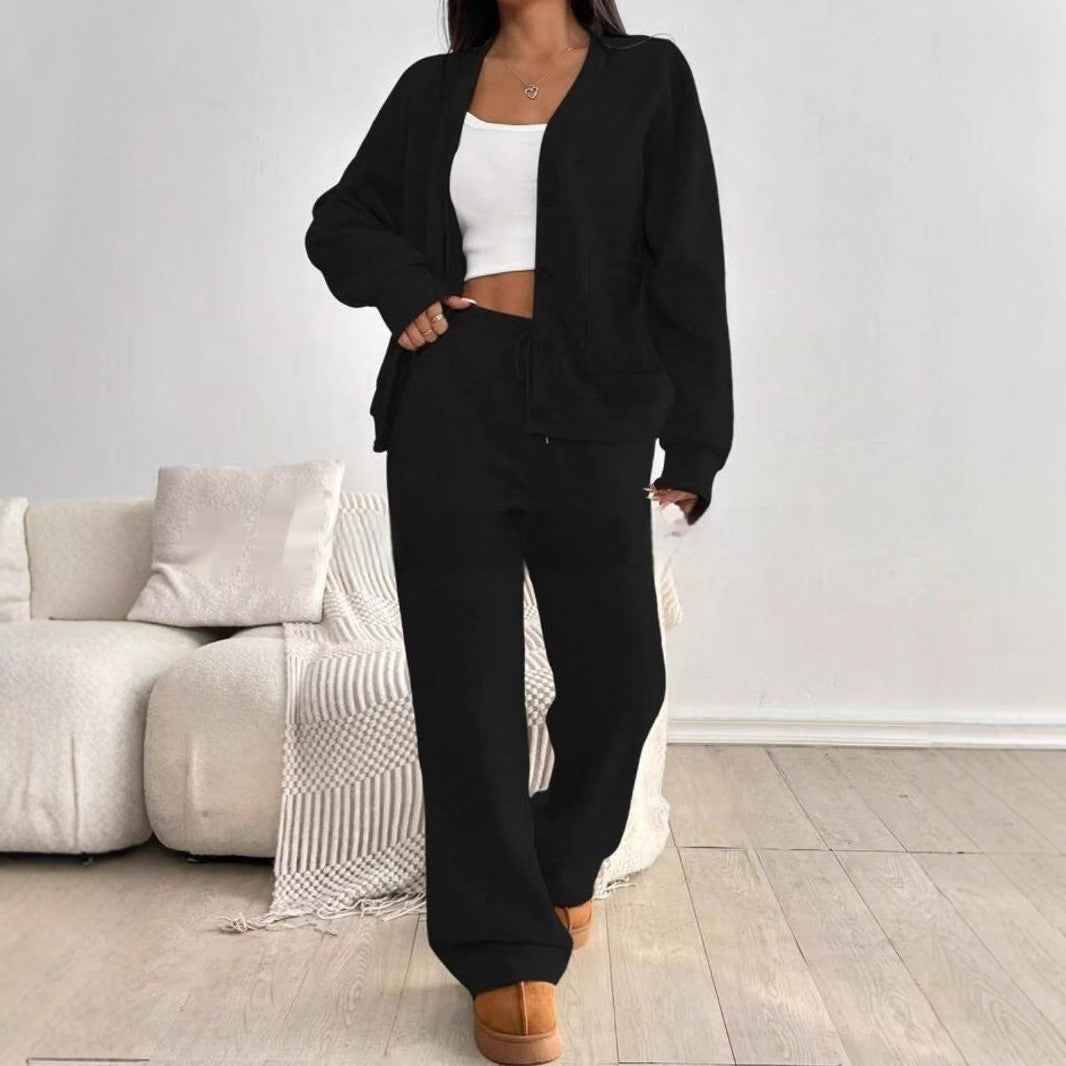 Women's Solid Color Cardigan & Wide Leg Pants Set - Effortless Chic Summer Casual Suit