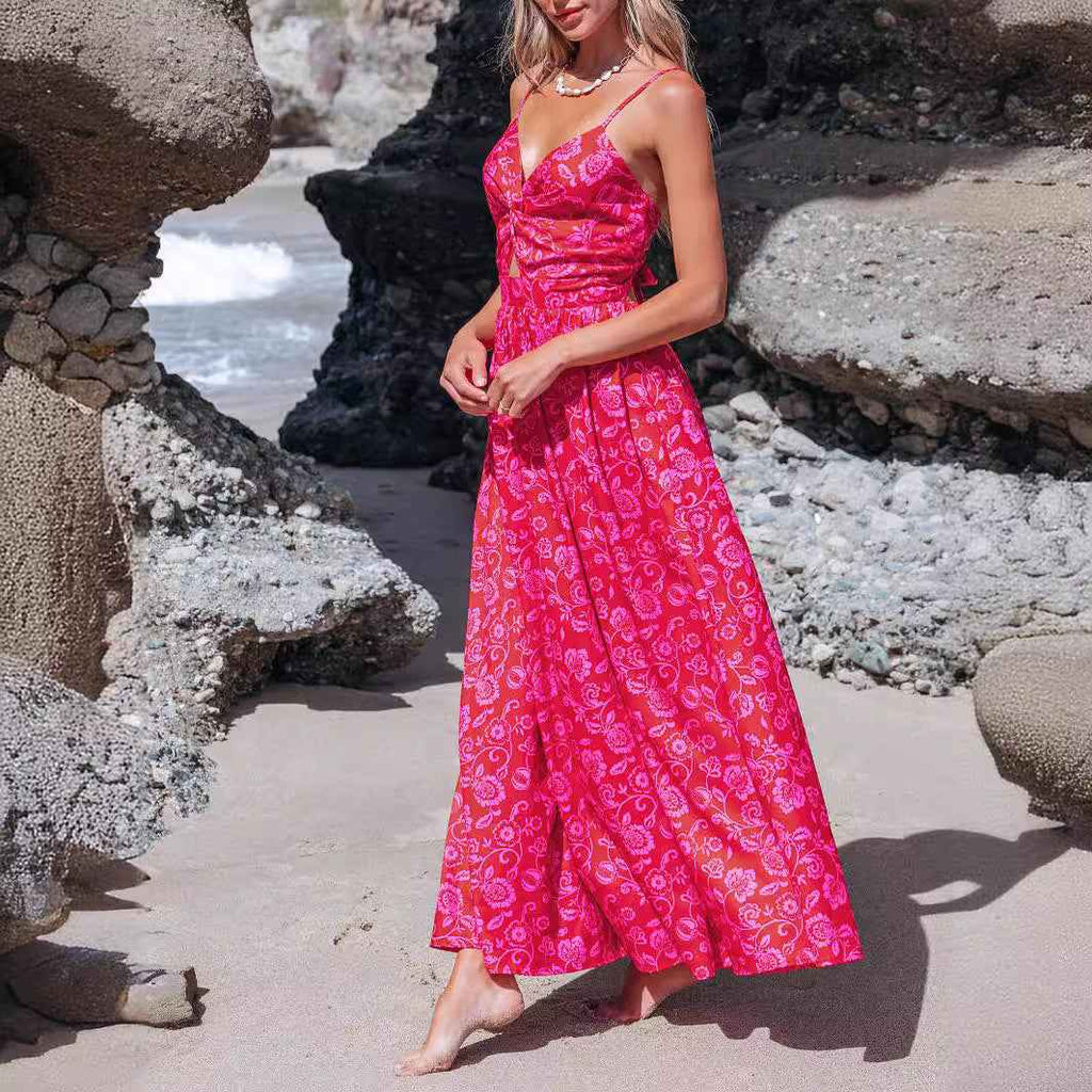 Knotted V-Neck Floral Long Dress Women's Elegant Summer Style