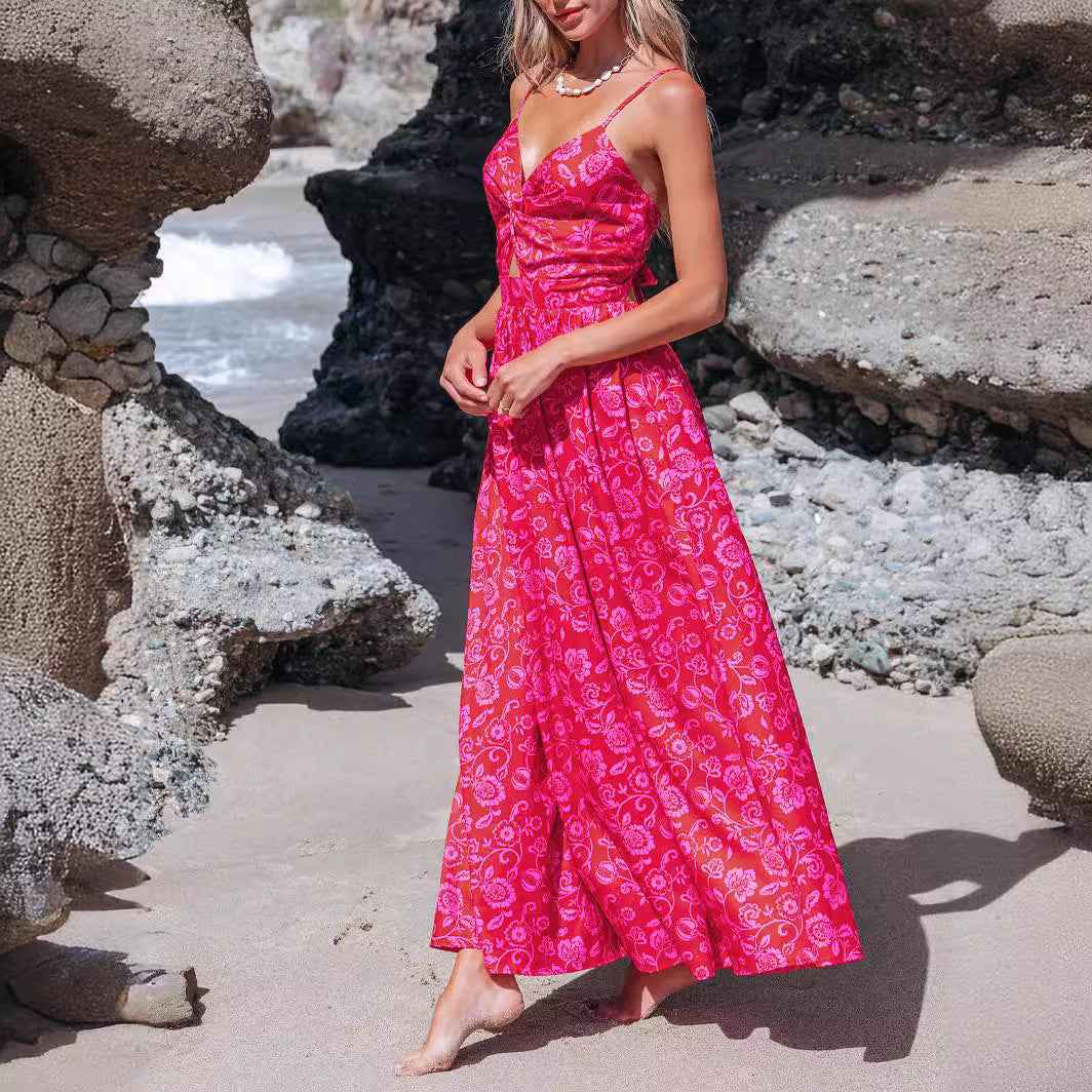 Knotted V-Neck Floral Long Dress Women's Elegant Summer Style