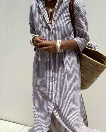 Orange Striped Shirt Dress with Waist Belt & Lapel Collar