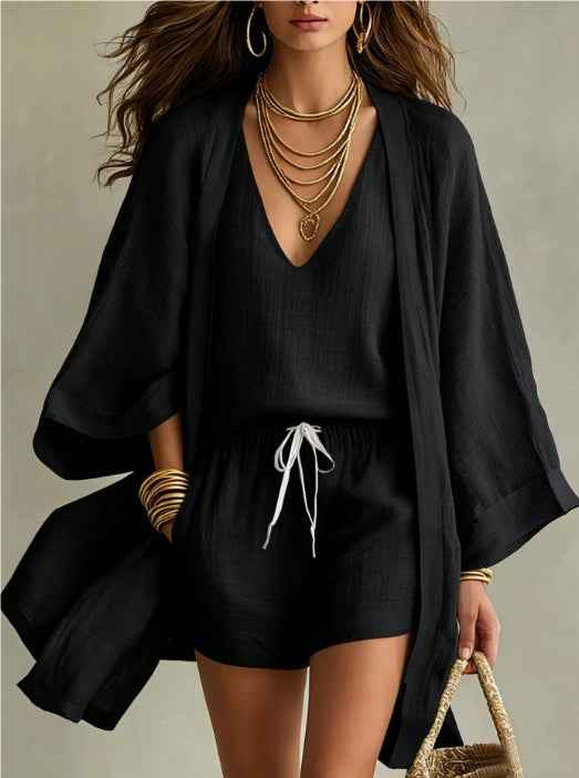 Women's 3-Piece Casual Set: Sleeveless Vest, Cardigan, Shorts
