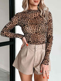 Mesh Printed Leopard Top for Women - Slim Fit Long Sleeve