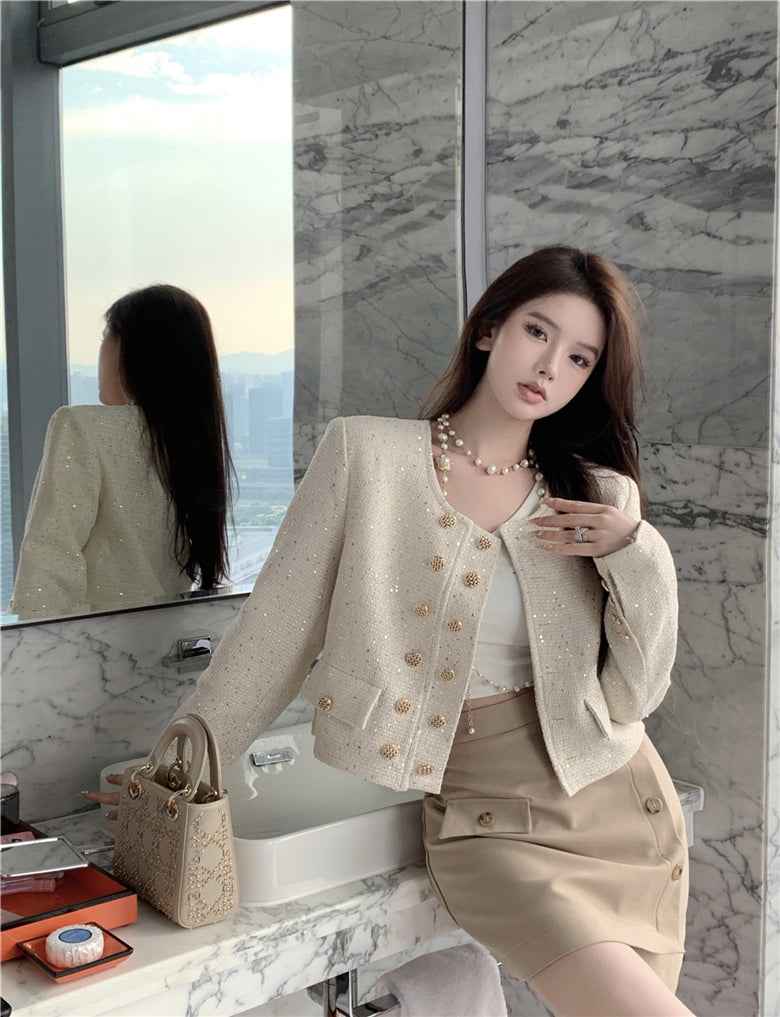 Sequin Crew Neck Wool Cropped Jacket