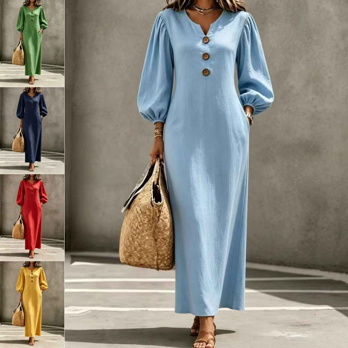 V-Neck Puff Sleeve A-Line Dress Women Long Casual Summer Autumn