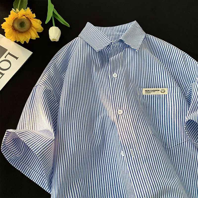 Plus Size Loose Fit Striped Cardigan Half Sleeve Shirt Women - Blue & Green