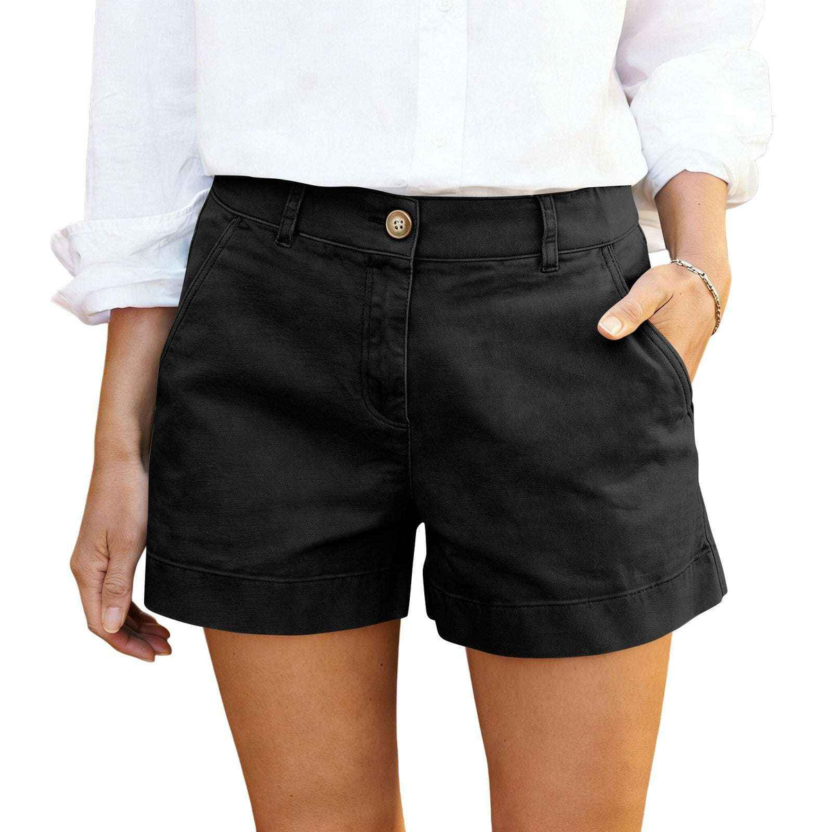 Women's High-Waisted Bermuda Shorts - Twill Cotton Casual & Elegant