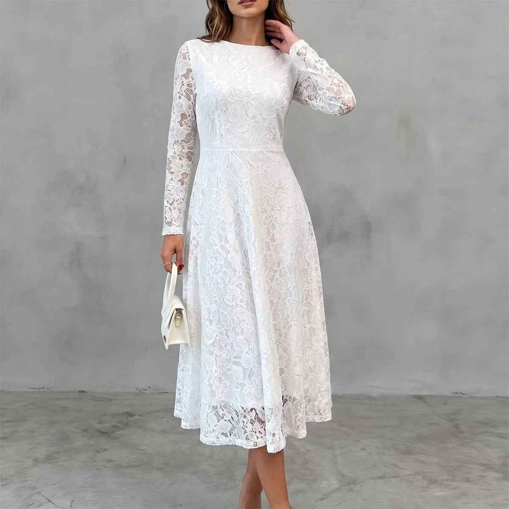 Womens Solid-Color Elegant Long-Sleeve Lace Waist-Cinching Dress