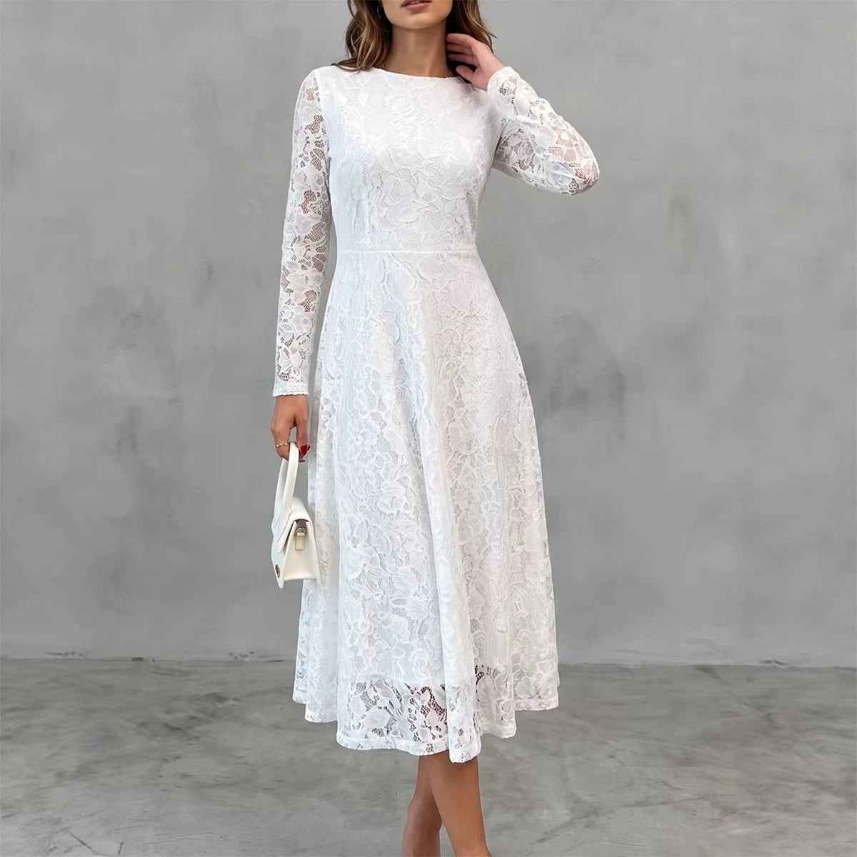 Womens Solid-Color Elegant Long-Sleeve Lace Waist-Cinching Dress