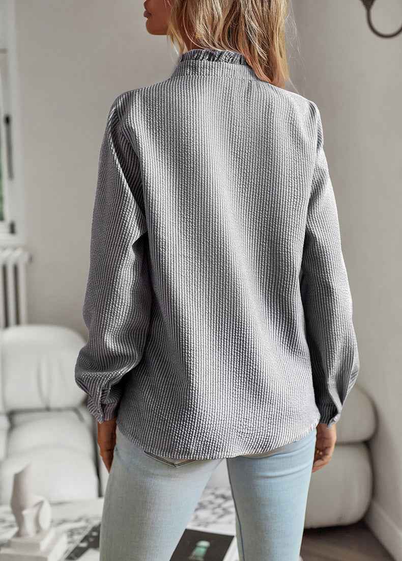 Striped Long Sleeve Button-Up Blouse with Ruffle Detail, Casual Office Shirt for Women