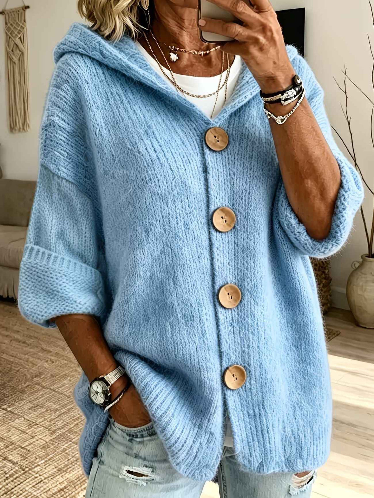 Women's Solid Color Hooded Cardigan Sweater - Casual Loose Fit Knit Top