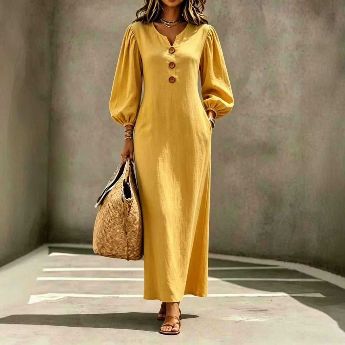 V-Neck Puff Sleeve A-Line Dress Women Long Casual Summer Autumn