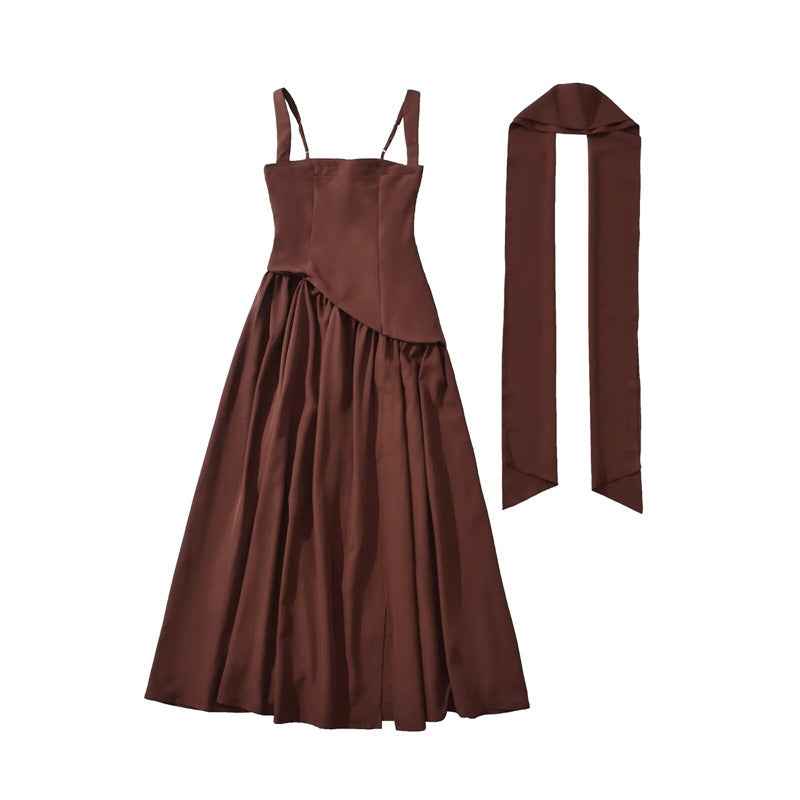 Elegant Olive Green Maxi Dress Summer Flowy Long with Scarf