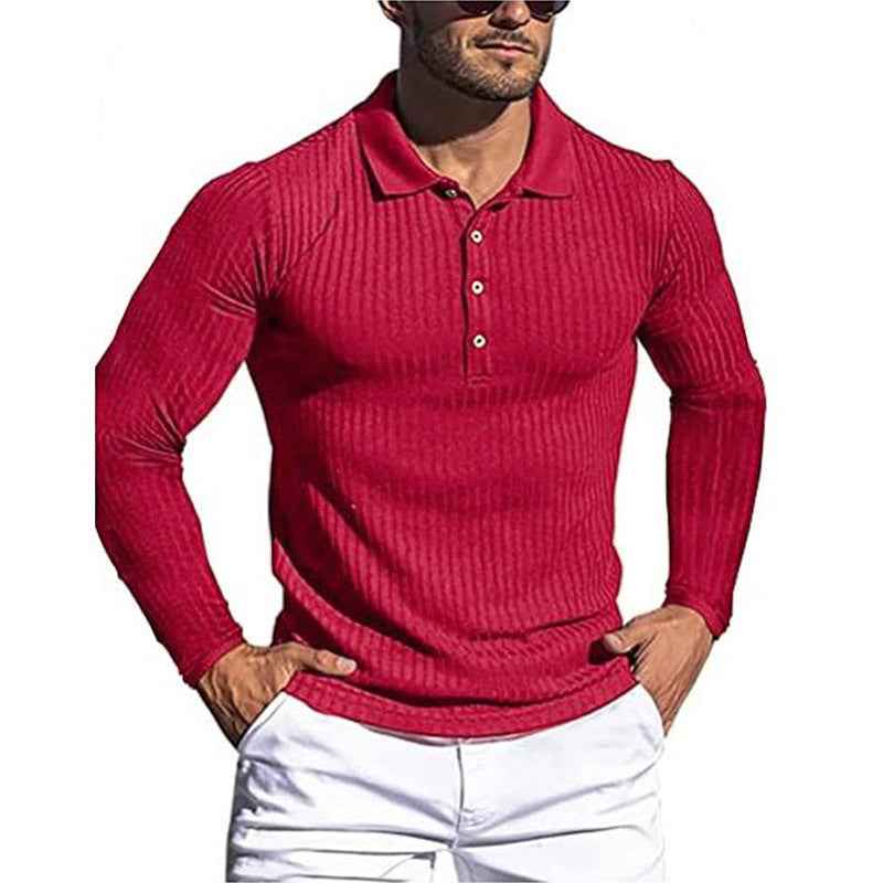 Men's Striped Long Sleeve Fitted Polo Shirt - Breathable & Stylish Running Essential