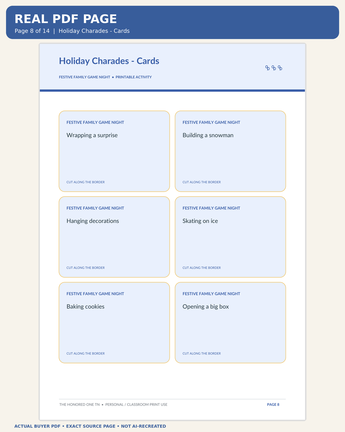 Actual buyer PDF page 8: Holiday Charades Cards