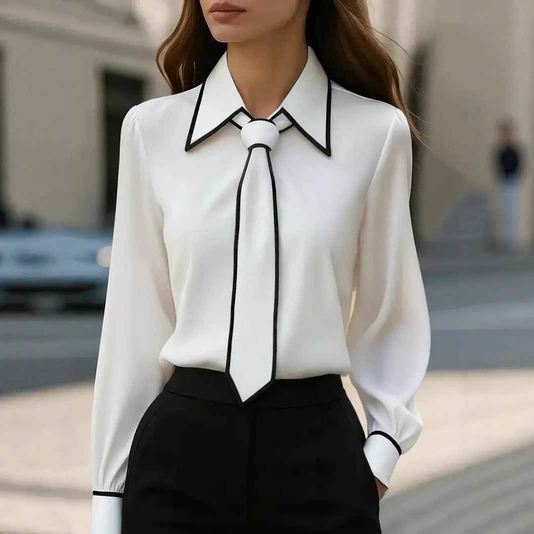 Solid Color Commute Tie Design Long Sleeve Shirt - Women's Elegant Fashion