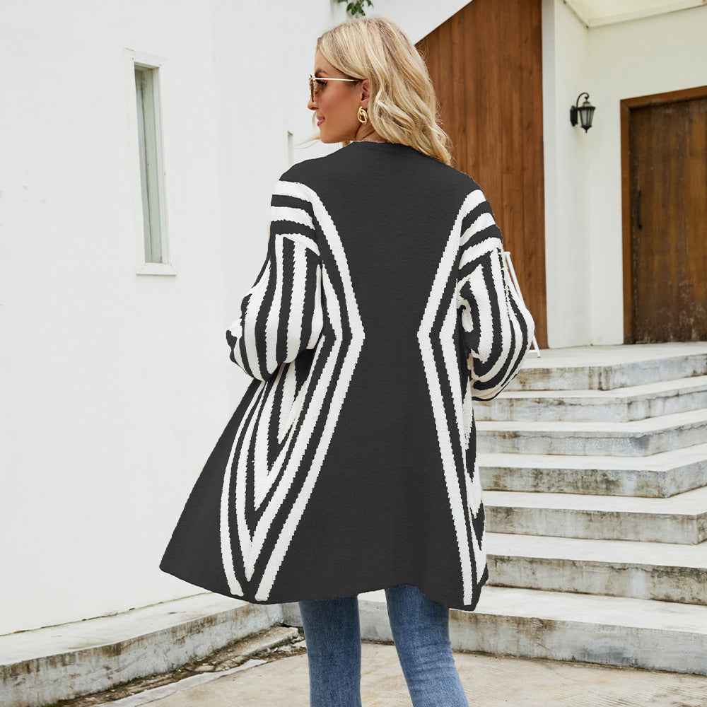 Women's Clothing V-neck Color-block Striped Loose Oversized Cardigan
