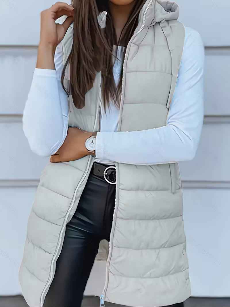 Solid Color Hooded Quilted Cotton Vest Coat with Zipper