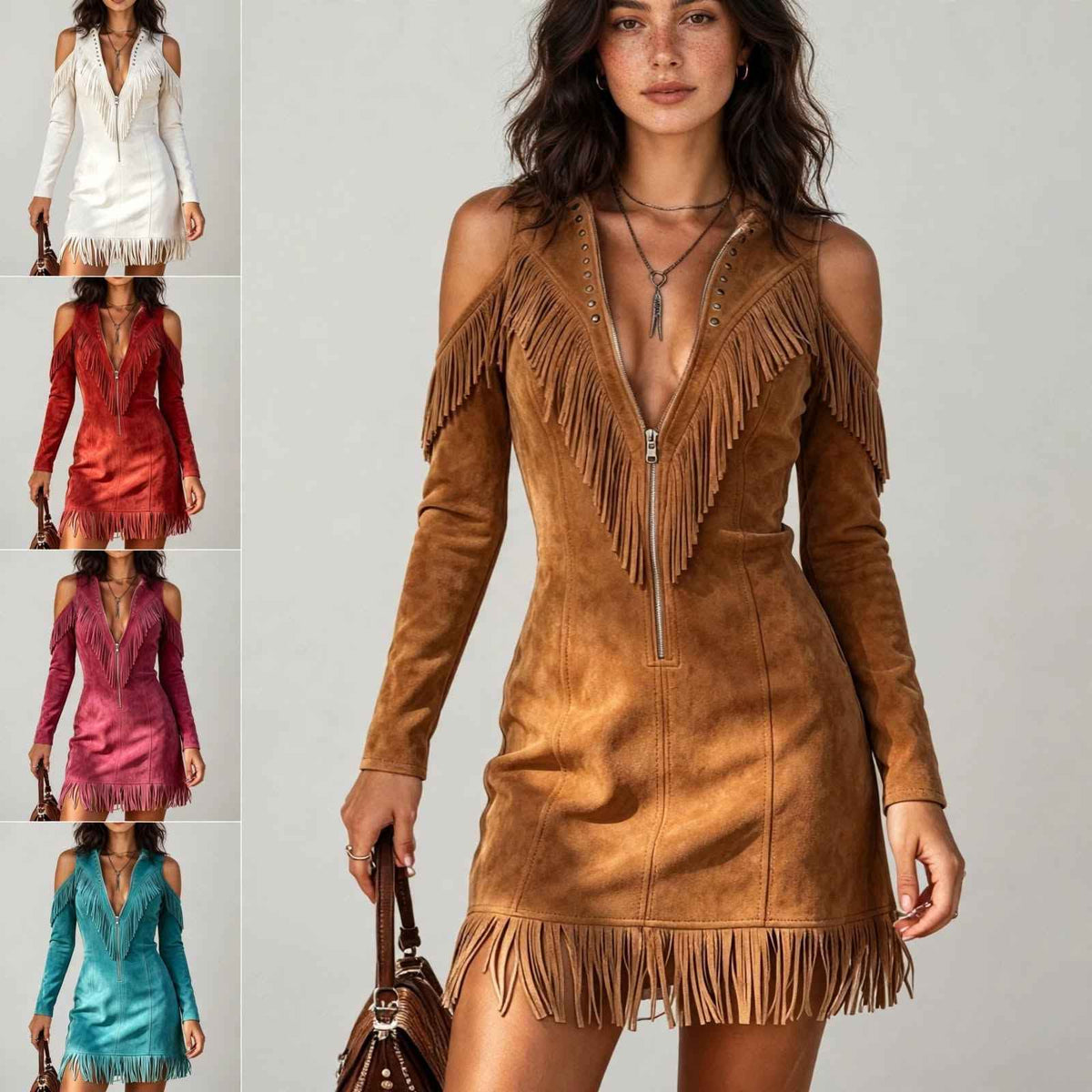 Retro Western Slim Fit Wrap Dress with Tassel, Zipper Front, Fringe & V-Neck