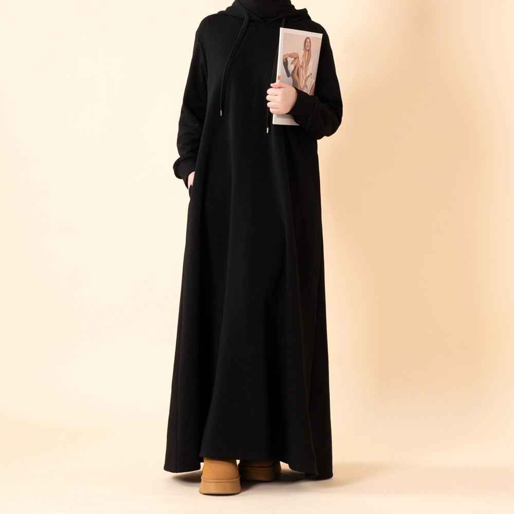Elegant French Terry Abaya Hoodie With Pockets - Comfort & Style