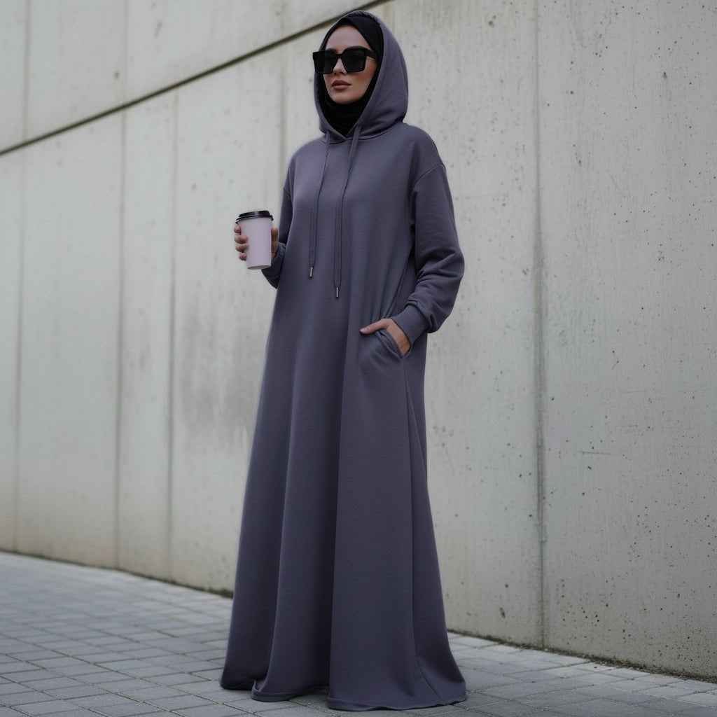 Elegant French Terry Abaya Hoodie With Pockets - Comfort & Style