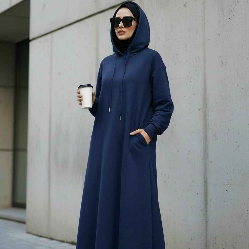 Elegant French Terry Abaya Hoodie With Pockets - Comfort & Style