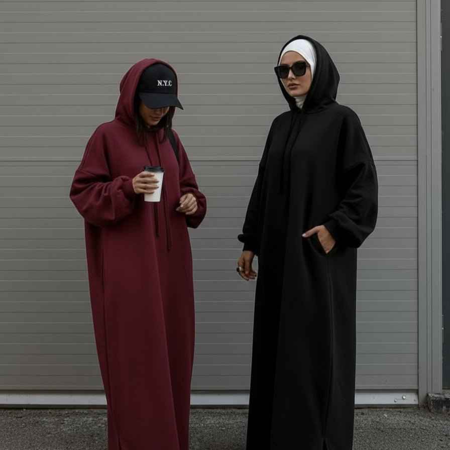Elegant French Terry Abaya Hoodie With Pockets - Comfort & Style
